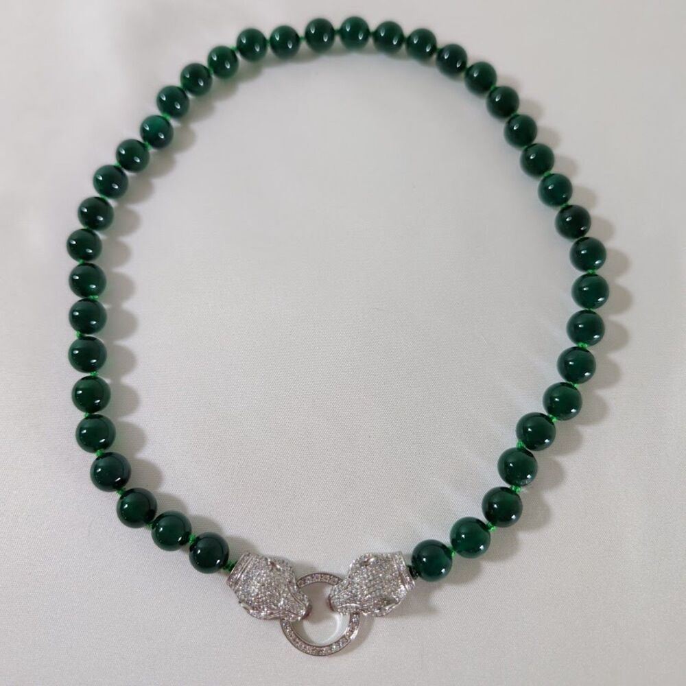 Vintage Double Panther Green Glass Bead Necklace Pave Clasp Hand Knotted